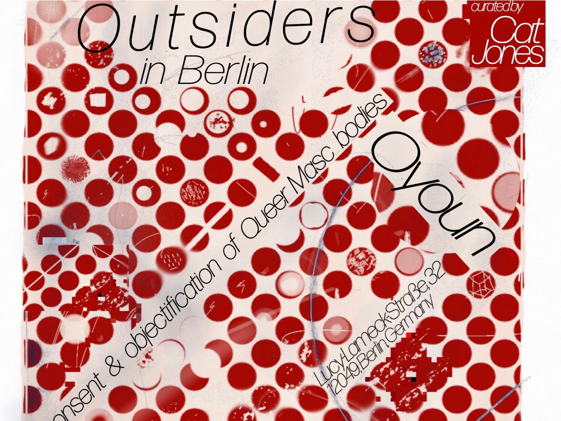 Grafik mit roten Punkten auf hellem Hintergrund und der Aufschrift Outsiders in Berlin