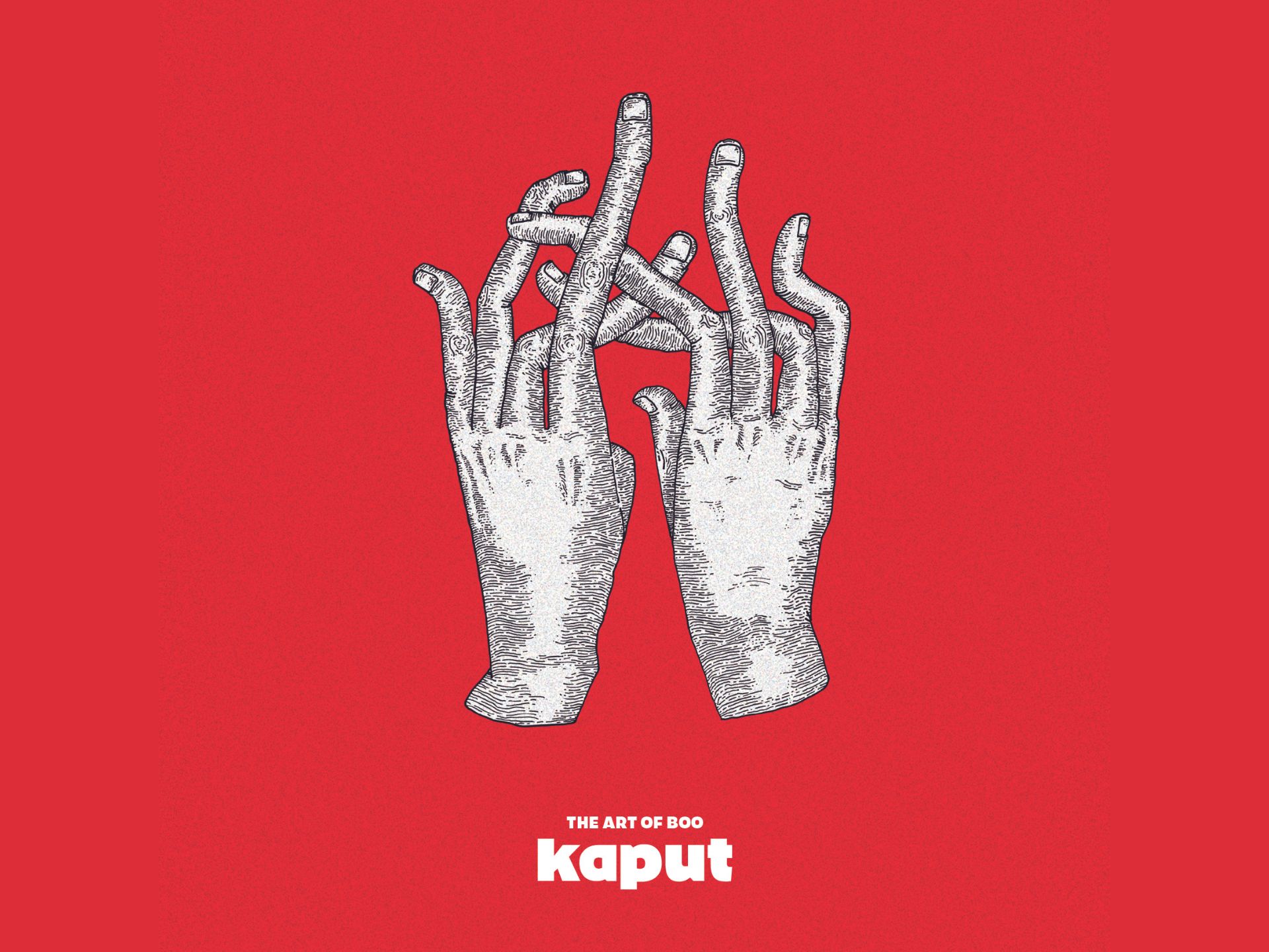 The image shows hands with distorted fingers before a red background.