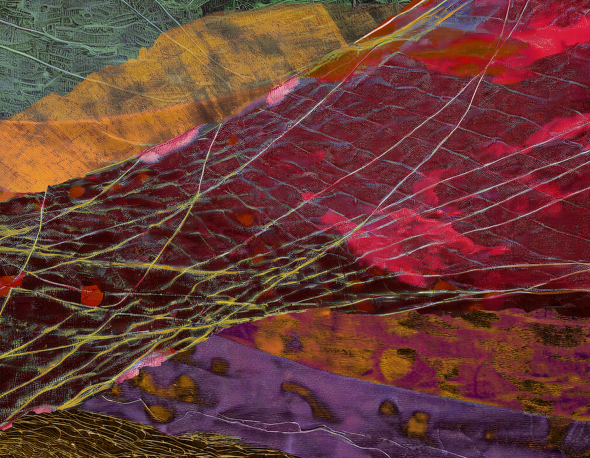 Simple: This is the main image of the “Gadag 가닥” project. This is an image with lots of colors and patterns that looks a bit like a colorful map. There are yellow and orange spots at the top that look like a map. In the middle there is a red field with many lines that look like leaf veins. Below the image is purple and has a few brown spots. It looks like the colors and patterns are layered on top of each other. Plain language: This is the main image of the project "Gadag 가닥". This is a picture with lots of colors and patterns that look a bit like a colorful map. At the top there are yellow and orange spots that look like a map. In the middle, there is a red field with many lines that look like leaf veins. At the bottom, the image is purple with some brown spots. It looks as if the colors and patterns overlap each other.