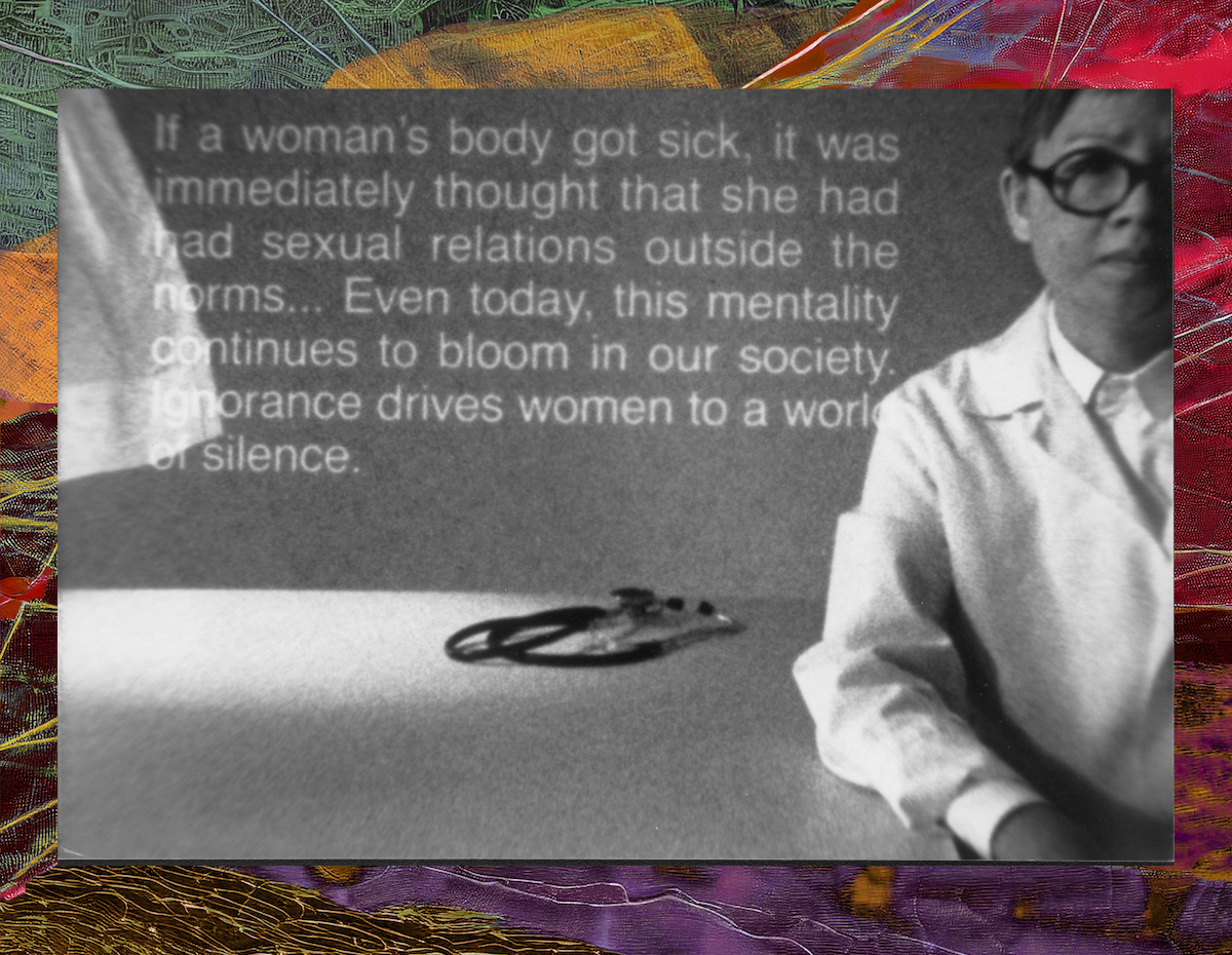 Old text in German: A photo shows the following text in the background and a stethoscope in the foreground, with the half silhouette of a person on the right: If a woman's body got sick, it was immediately thought that she had had sexual relations outside the norms. .. Even today, this mentality continues to bloom in our society. Ignorance drives women to a world of sllence. Alt text in English: A photo displaying the following text in the background and a stethoscope in the foreground, with a half silhouette of a person on the right side: If a woman's body got sick, it was immediately thought that she had had sexual relations outside the norms... Even today, this mentality continues to bloom in our society. Ignorance drives women to a world of sllence.