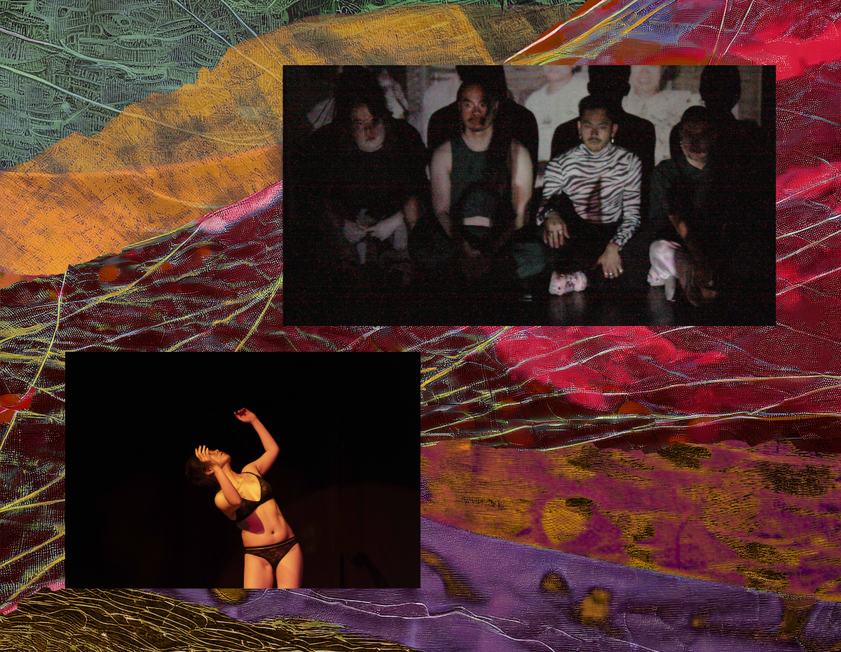 Alttext in German: A picture shows two scenes; In the upper part you see a group of people in a dark room looking into the camera, in the lower part you see a single person dancing on a stage. Alt text in English: An image displays two scenes; the upper part shows a group of people in a dark room looking towards the camera, and the lower part a single person dancing on a stage.