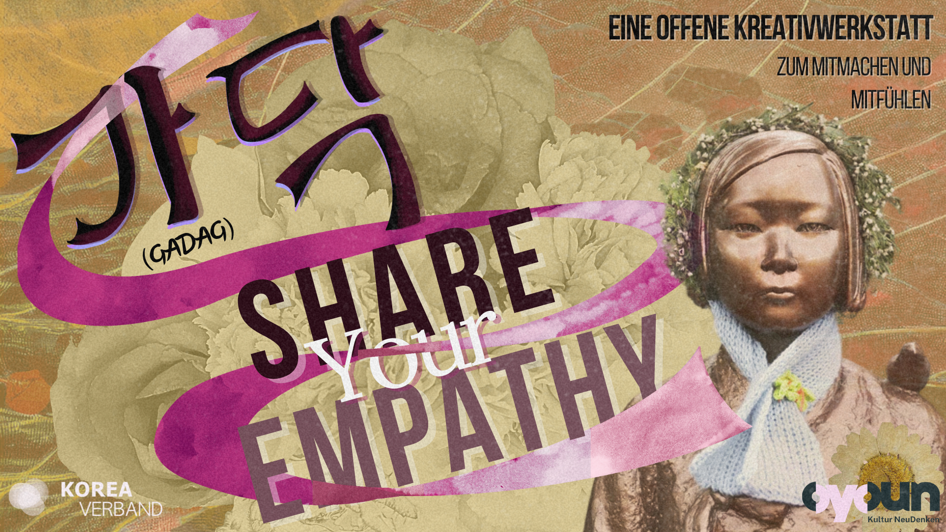 Español: Afiche del taller creativo con un personaje histórico y texto "Share Your Empathy". Alemán: Póster del taller creativo con un personaje histórico y el texto "Comparte tu empatía".